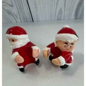 Vtg Mr & Mrs Santa Claus Ceramic Pillar Candle Hugger Holders MCM 2.0” Tall